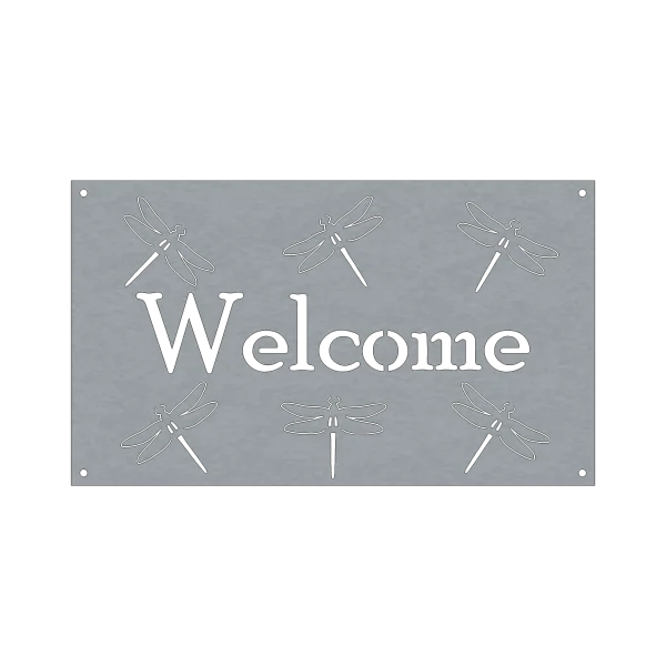 A rectangular steel sign with the word 'Welcome' in the center, framed by six laser-cut dragonflies in a symmetrical pattern. Each dragonfly is detailed with wings and a slender body. The sign has four small holes at each corner for easy mounting. The steel appears smooth and has a subtle sheen, contributing to its rustic charm.